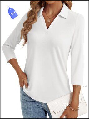 3/4 Sleeve V-Neck Polo Tunic Top for Women Business Casual Work Blouse